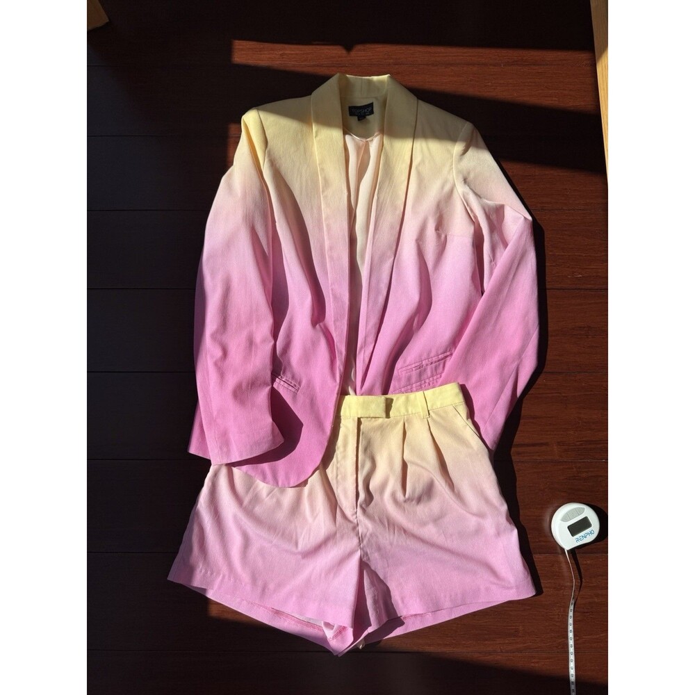 Topshop 2-Piece Ombre Pink/Yellow Chiffon Set Blazer Shorts Button US 2